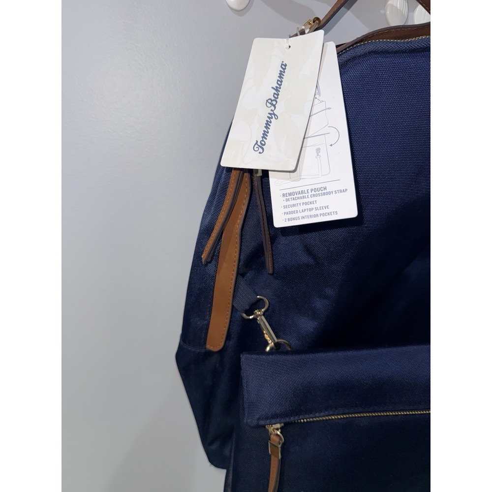 TOMMY BAHAMA Travel Laptop Backpack Crossbody Bag Navy Faux Leather Trim‎ H - Picture 4 of 8